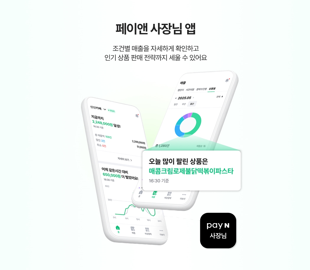 매출 데이터를 상세히 확인하고 인기 상품 판매 전략을 세울 수 있는 페이앤 사장님 앱의 모바일 화면