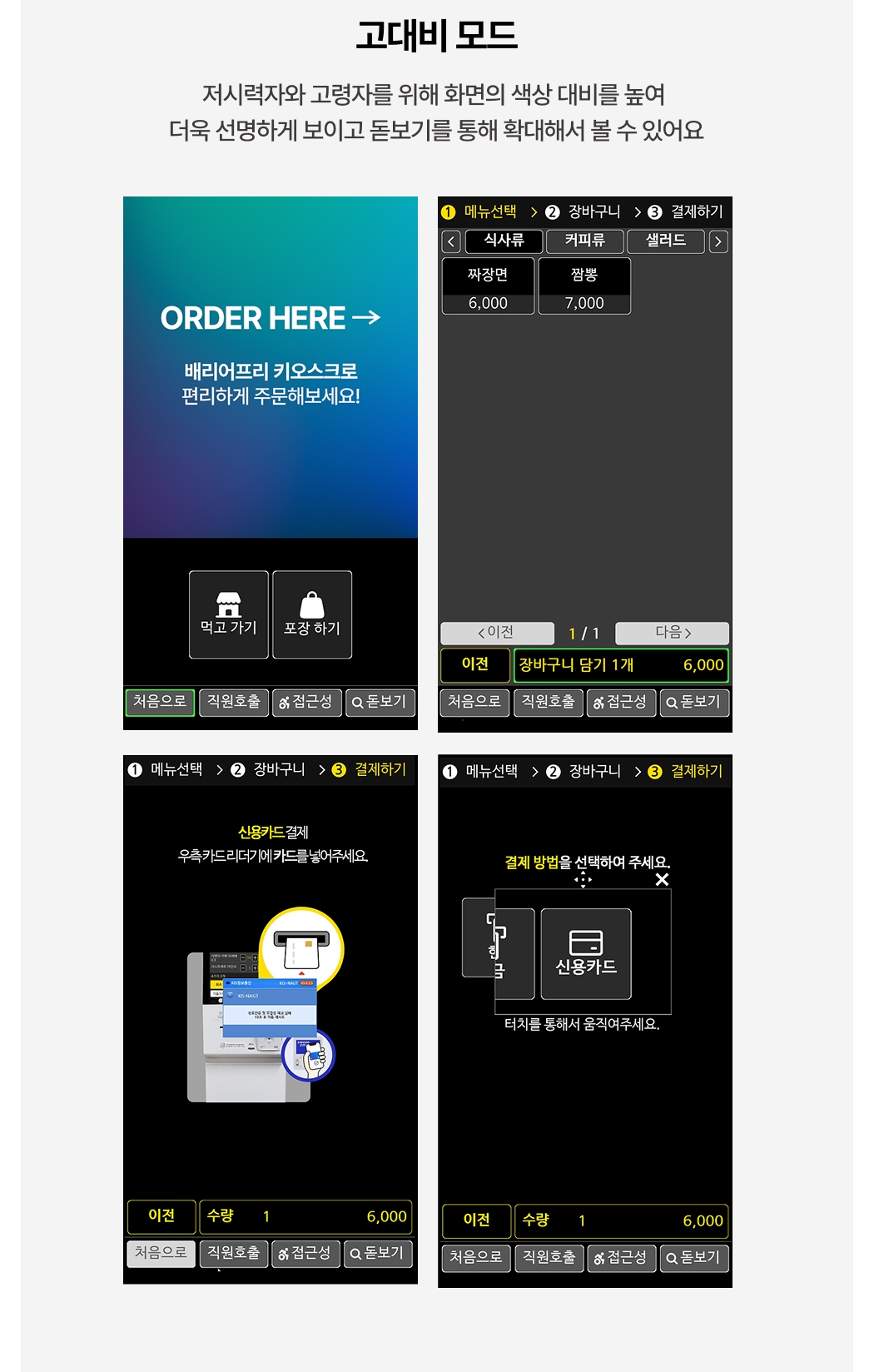 배리어프리키오스크 저시력자, 고령자를 위한 저자세 모드 안내 화면