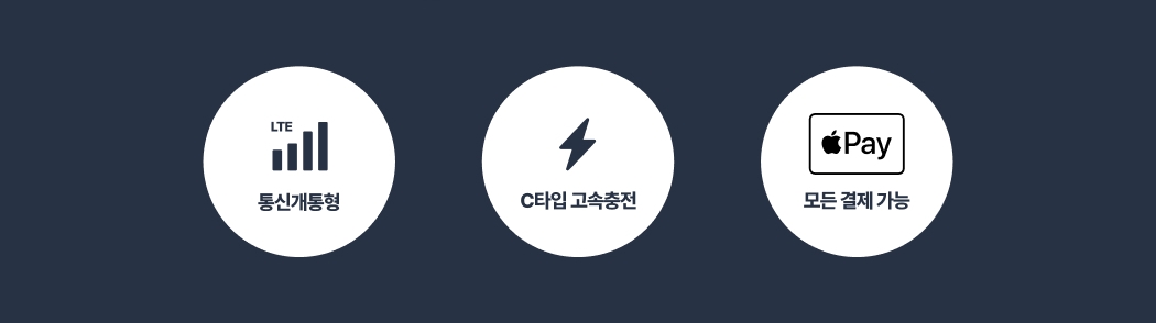 통신 개통형 지원, C타입 고속 충전, 애플페이를 포함한 모든 결제가 가능한 기능 아이콘 이미지