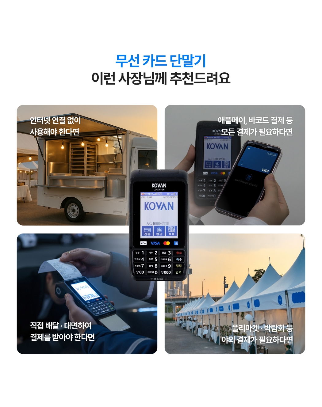 무선 카드 단말기 LC-7351QN 사용을 추천하는 상황_푸드트럭, 배달,
플리마켓 등 다양한 환경에서 사용하는 모습